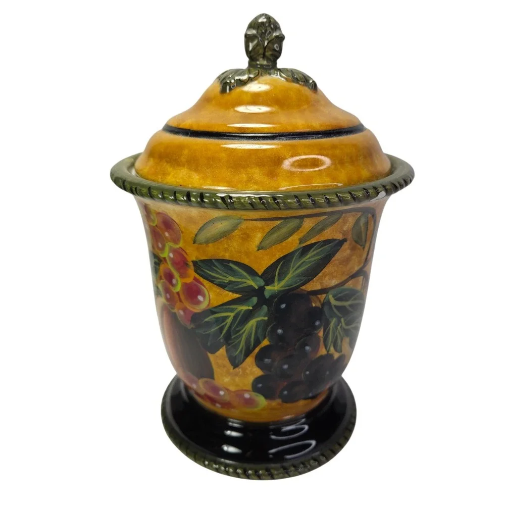 Raymond Waites Renaissance Sm Covered Canister Jar Ceramic Fruit Floral Read